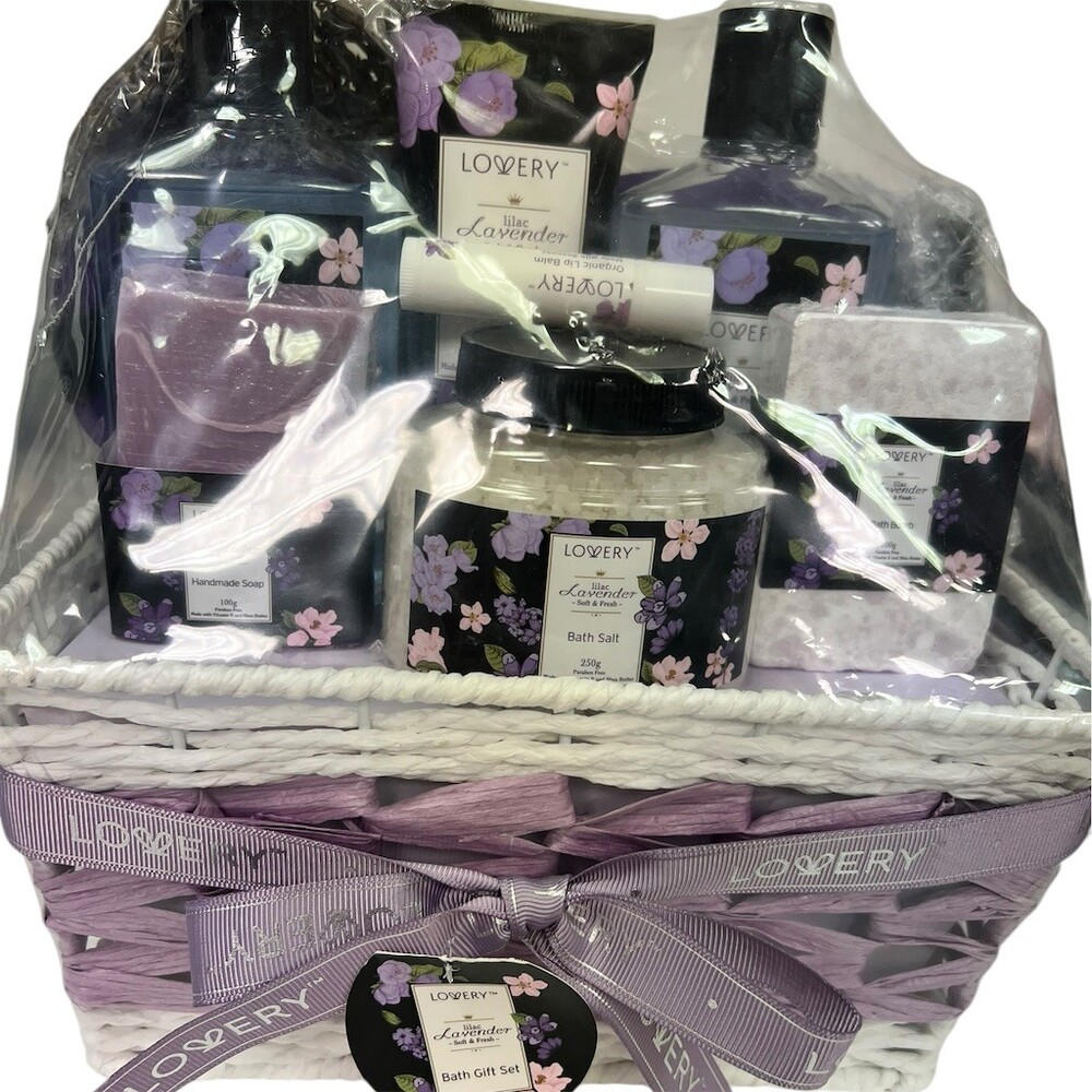 Lovery Lilac Lavender Bath Gift Set Spa Basket 13pc Shower Gel Bath Bomb